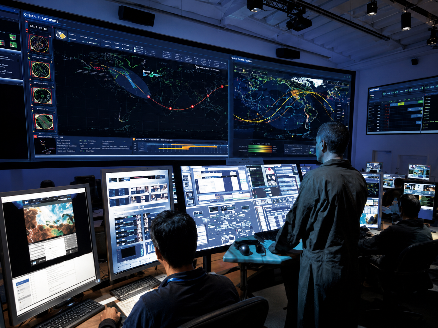 Centre de supervision d’opérations, écrans de suivi de trajectoires et de flotte